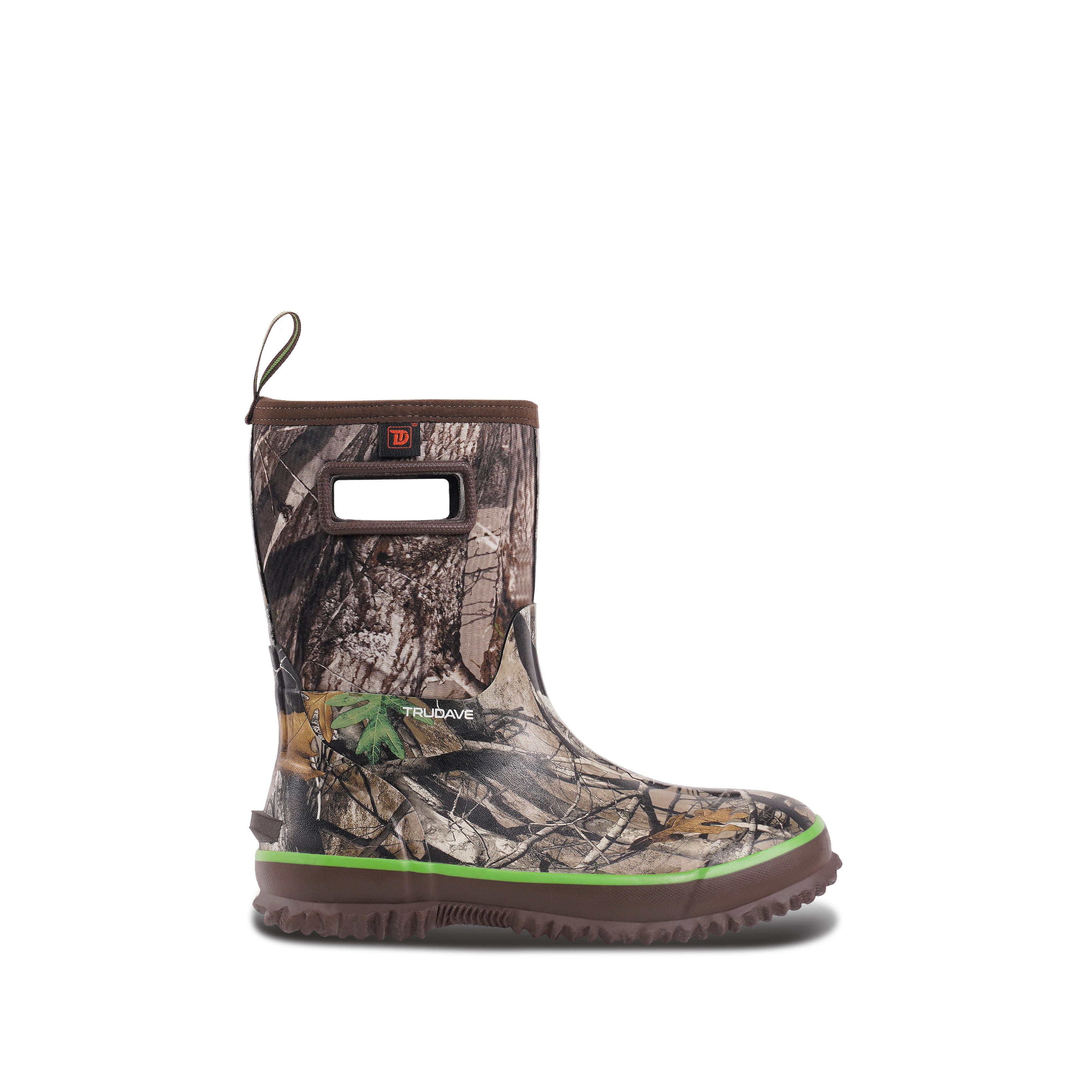 alt="Side view of Trudave MudFlex Series men’s waterproof rain, garden and farm boots inForest Camo, featuring durable rubber construction, mid-calf height, and slip-resistant sole ideal for outdoor work, farming, and wet weather conditions"